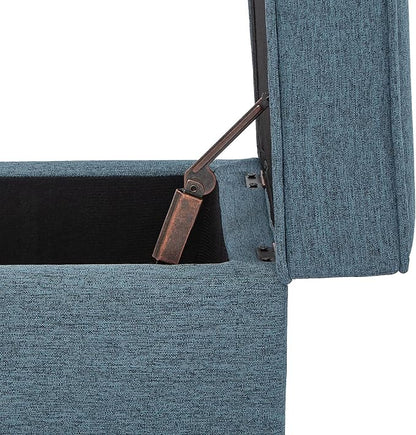 Adeco 17" Square Ottoman with Storage, Small Blue Storage Ottoman Foot Rest with Hinged Lid & Solid Wood Legs, Linen Fabric Foot Stool for Living Room & Bedroom, Seasonal Home Refresh & Gifting