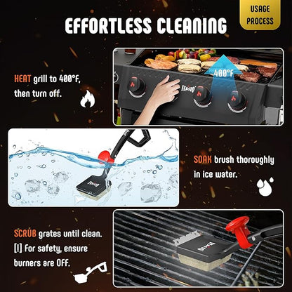 Grill Brush for Outdoor Grill & BBQ Grill Brush, 6-in-1 Bristle-Free with Interwoven-Tech & Thermal-Sensitive Sponge, Stainless Steel Scraper, 360° Rotating Knob, Bottle Opener & Grates Hook