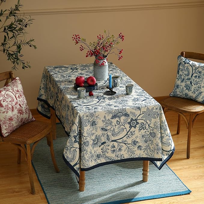ISAENNE Designer French Linen Small Square Tablecloth,Blue Floral Washable Indoor Table Cloth,Durable Home Decor Tablecloths for Dining Thanksgiving Kitchen Tea Party Christmas,55"*55"-Ruyi B