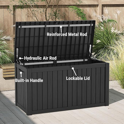 Mars Villa 150 Gallon Deck Box, Waterproof and Weatherproof Large Resin Storage Bin with Lockable Lid, Ideal for, Outdoor, Patio Furniture Cushions, Pool Supplies, Garden Tools, Black
