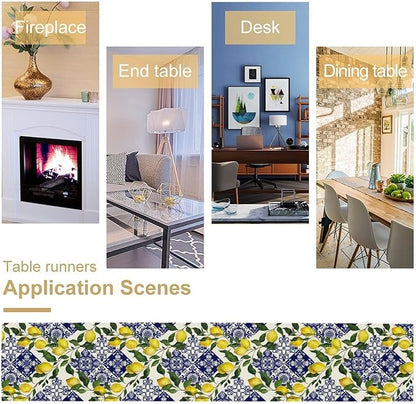 Lemon Fruit Nature Table Runner Farmhouse Talavera Ethnic Folk Rustic Watercolor Blue Dining Table Decoration for Home Holiday Party Dresser Kitchen Cabin Restaurant Wedding Decor 13×60in