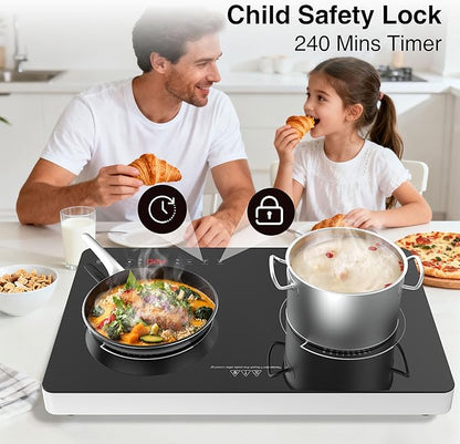 Double Induction Cooktop, 2 Burner Induction Burner 20 Temperature & Power Levels Portable Electric Stove Countertop Burners, Knob Control, Child Safety Lock & 4H Timer, Auto Shut-Off
