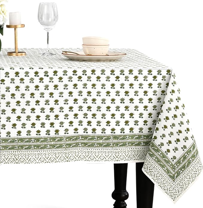 CPC Lotus Meadow Tablecloth 100% Cotton 70x108 Inch Indian Block Print Rectangle Table Cover, Table Cloth for Gifting in Weddings, Halloween, Fall, Christmas, Thanksgiving