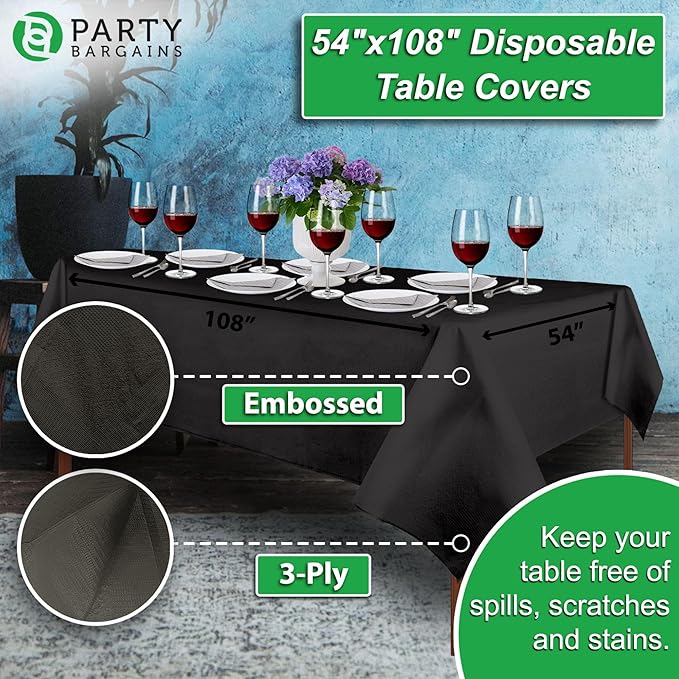 PARTY BARGAINS 40 Disposable Table Covers - 54" X 108" Black Table Cover, 3 Ply Paper & Plastic Tablecloth
