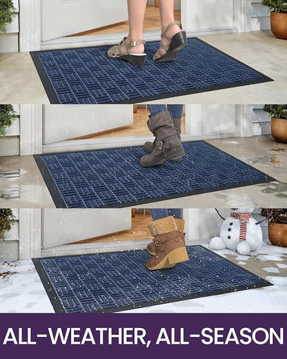 DEXI Front Door Mat Outside Entrance, Rubber Entry Doormat Heavy Duty, Welcome Mats Non Slip for Inside House Floor Entryway Back Doors Exterior Patio, 17x29 Maze Blue