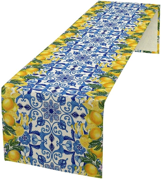 Blue Lemon Table Runner, Italy Tile Yellow Lemon Fruit Table Runners for Farmhouse Coffee Home Kitchen Dining Party Patio Indoor Outdoor 13x70in