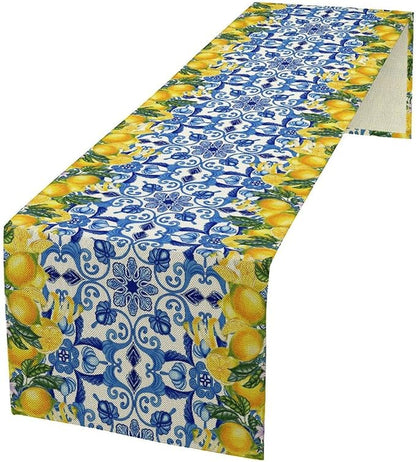 Blue Lemon Table Runner, Italy Tile Yellow Lemon Fruit Table Runners for Farmhouse Coffee Home Kitchen Dining Party Patio Indoor Outdoor 13x120in