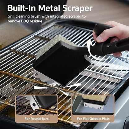 GASPRO Steam Grill Brush Bristle Free for Outdoor Grill, BBQ Grill Cleaning Brush with Replaceable Scrub Sponge Head & Scraper, Ergonomic Handle, Safe for Stainless Steel, Cast Iron & Porcelain Grate