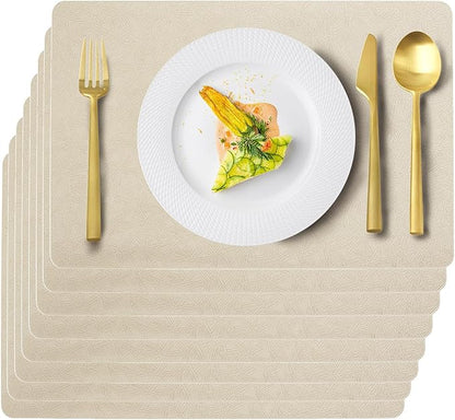 Vinyl Placemats Set of 6 Faux Leather 100% Waterproof Wipeable Washable Place Mats Heat Resistant Easy Clean Non-Slip Table Mats for Indoor Outdoor. (6,Beige)