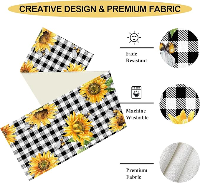 Sunflower Table Runner, Baffalo Plaid Summer Fall Yellow Florals Rustic Farmhouse Country Bumble Bee Coffee Table Center Decor for Home Kitchen Dining Patio Indoor Outdoor Decorations, 13"x90" Inch