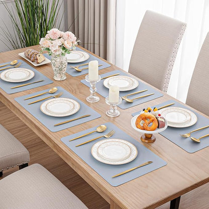 SHACOS Placemats Set of 6 Faux Leather Waterproof Leakproof Wipeable PU Non-Slip Vinyl Place Mats Heat Resistant Table Mats for Kitchen Dining Table Indoor Outdoor, Light Blue