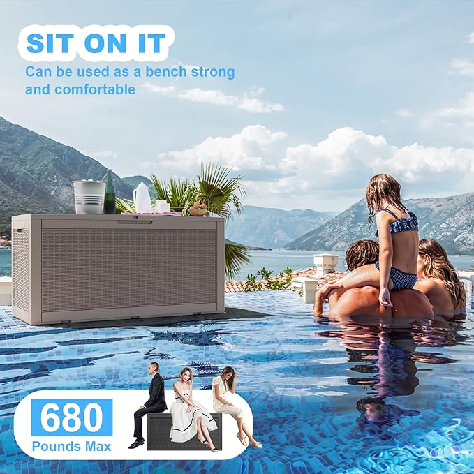100 Gallon Waterproof Large Resin Deck Box, Lockable Storage Container for Patio Cushions, Garden Tools, Indoor & Outdoor (Brown)