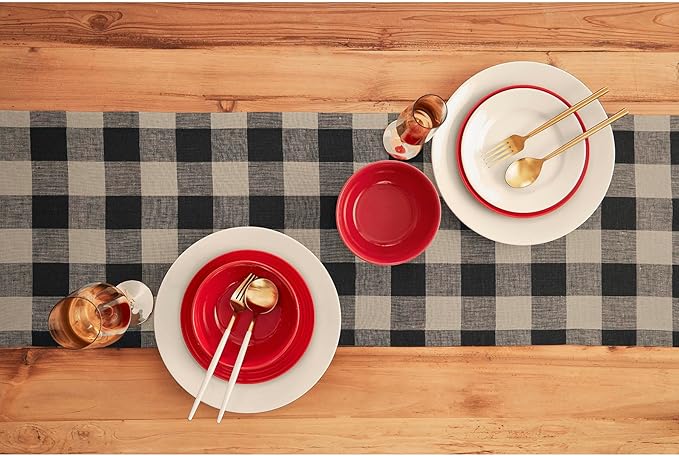 Solino Home Linen Checkered Table Runners 90 Inches Long - 100% Pure Linen Natural and Black Buffalo Check Table Runner 14 x 90 Inch Ideal for Dining, Spring