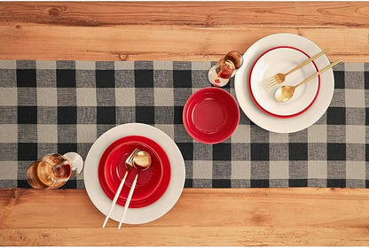 Solino Home Linen Checkered Table Runners 90 Inches Long - 100% Pure Linen Natural and Black Buffalo Check Table Runner 14 x 90 Inch Ideal for Dining, Spring