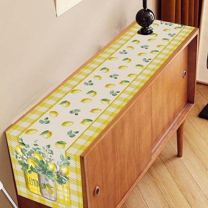Lemon Table Runner, Farmhouse Yellow Buffalo Plaid Seasonal Summer Spring Fruits Lemon Coffee Table Center Decor for Home Kitchen Dining Party Patio Indoor Outdoor Table Decorations, 13"x72" Inch