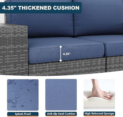 13 Piece Patio Furniture Set with Fire Pit Table, Outdoor Conversation Sets Grey Wicker Rattan Sectional Sofa, 4'' Thickened Cushion Navy Blue (Include Waterproof Cover)