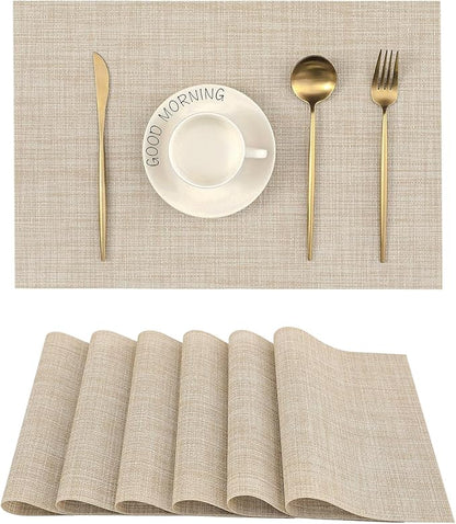 Leetaltree Beige Placemats Set of 6 - Heat Resistant Non-Slip Place mats for Dining Table, Washable Durable PVC Vinyl Woven Table Mats(Beige, 6)
