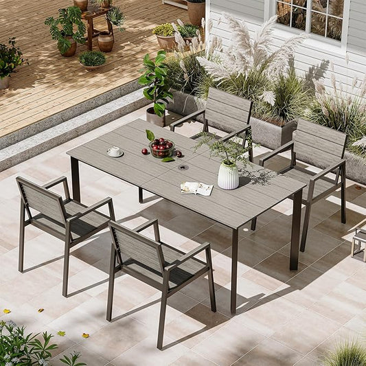 Patio Table and Chairs Set, 5 Piece Outdoor Dining Set with Umbrella Hole, HDPS + Aluminum Patio Furniture Set for Garden (Gray)