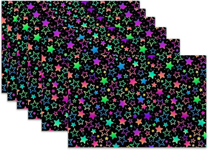 Neon Stars Placemats Set of 6 Linen Heat Resistant,Rainbow Glittering Table Mats Washable Rustic Place Mats Decoration for Home Kitchen Dining Room Party 12x18 Inch
