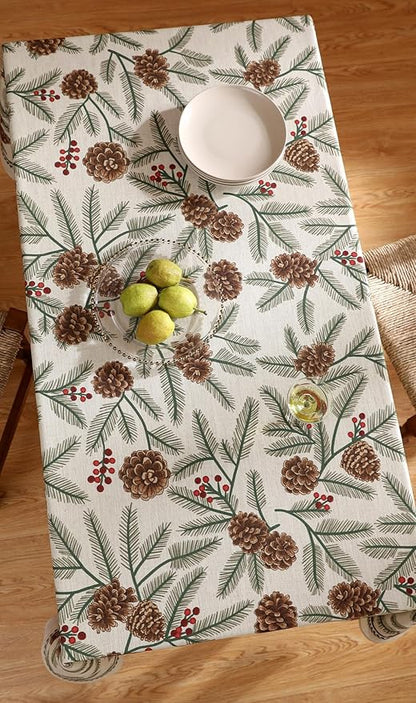 ISAENNE Designer Christmas Beige Linen Long Rectangle Tablecloth,Pinecones Pattern Indoor Table Cloths,Washable Decor Tablecloths for Dining Thanksgiving Kitchen Christmas,63"*102"-Carol B