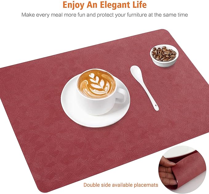 Vinyl Placemats Set of 12 Heat Resistant Easy Clean Non-Slip Place Mats for Dining Table. Faux Leather Waterproof Stain Resistant Wipeable Washable PVC Table Mats(12, Red)