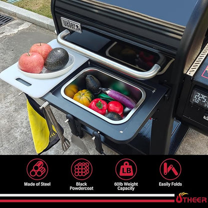 Utheer Front Folding Grill Table for Weber Searwood 600 – 23" x 14" Large Front Shelf with Stainless Steel Basin, Works Cutting Board, Lid & 5 Hooks, Heavy-Duty Weber Searwood 600 Accessories