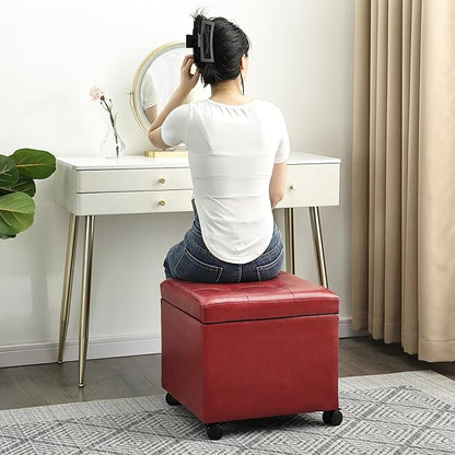 Homebeez Storage Ottoman Footrest Stool with Rolling Wheels, Red PU Leather Tufted Cube with Hinged Lid, 17.7" Multifunctional Furniture for Living Room, 300lb Capacity