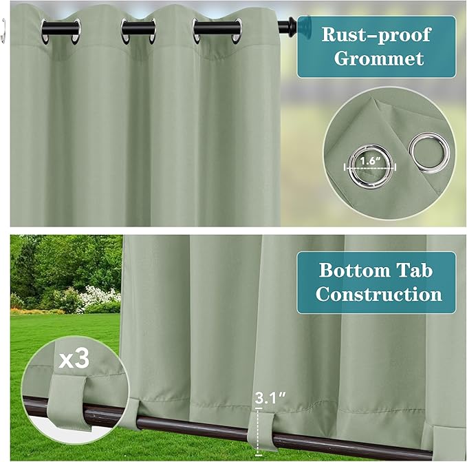 HolidayIdeas Outdoor Curtains for Patio Waterproof-4 Panels 54x84 Inch Windproof Weatherproof Privacy Sage Green Curtains-Grommet Top and Tab Bottom Drape for Gazebo, Porch, Pergola, Cabana, Backyard