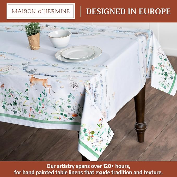 Maison d' Hermine Table Cloth Rectangle Table 100% Cotton 70 x 90 Inches Fall Tablecloth Reusable Everyday Use for Thanksgiving Christmas Decorations Dining Farmhouse Party (Snowy World)