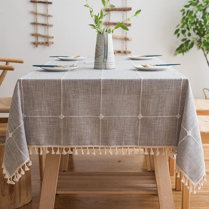 Pahajim Rustic Linen Tablecloth Cotton Rectangle Table Cloth for Kitchen Dining with Tassel Plaid Waterproof Tablecloths Square,55''x55'',4 Seats