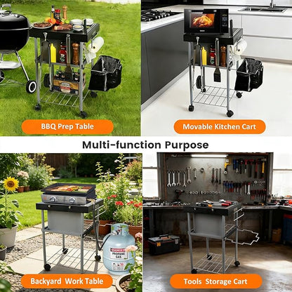 Grill Cart Table Accessories Outdoor Grilling Side Tables for 18"/22" Weber Charcoal Kettle Grills Rolling Prep Stand with Wheels Mesh Storage Racks Perfect for BBQ Camping Home Party