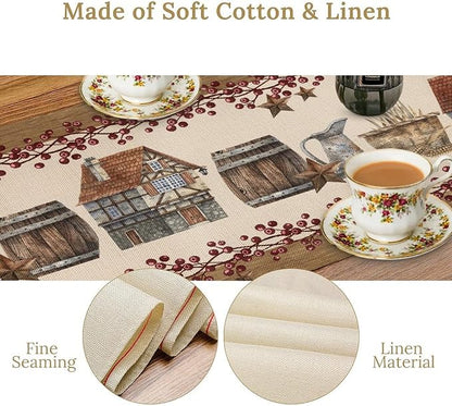 Western Texas Table Runner, Rustic Farmhouse Country Barn Berry Vintage Rural Houses Pumpkin Print Table Runner for Party Picnic Dining Kitchen Table Decor,13x70inch