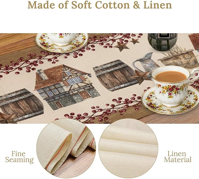 Western Texas Table Runner, Rustic Farmhouse Country Barn Berry Vintage Rural Houses Pumpkin Print Table Runner for Party Picnic Dining Kitchen Table Decor,13x60inch