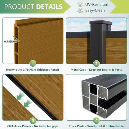Mondaria Fence Privacy Screen with 8ft In-ground Posts, 6ft(H) x 6ft(W) Wood Plastic Composite Fence Panels Weather-Resistant Outdoor Fence for Backyard/Garden (Yellow Teak, 2 Posts)