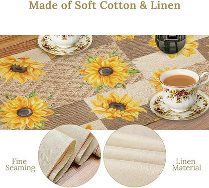 Farmhouse Sunflower Table Runner, Rustic Vintage Linen Patchwork Summer Yellow Floral Table Cover for Bithday Party Home Kitchen Dining Room Decor, 13x70inch