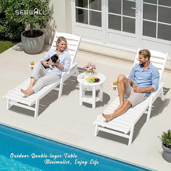SERWALL Round Outdoor Side Table Set of 2, HDPE Small Adirondack Double End Table, White
