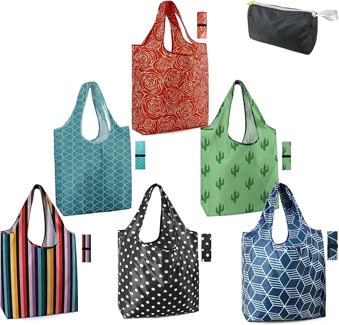 BeeGreen Geometry Reusable Grocery Bags Bulk 6 Packs X-Large, Reusable Shopping Bags Foldable for Groceries, Vegetables, Fruits Watertight Bulk Tote Bags (Cactus Rainbow Polka Dot Red Rose