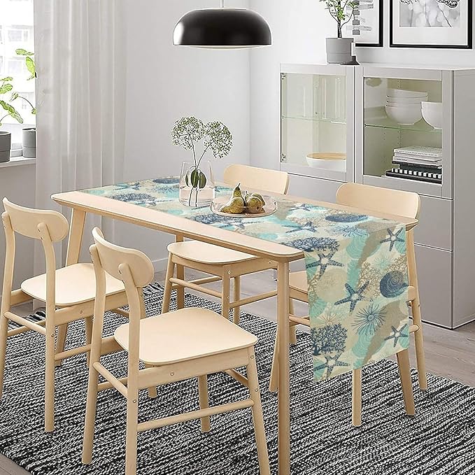 Marine Life Table Runner, Sea Underwater World Ocean Creature Table Runner for Dining Kitchen Party Holidays Home 13x60in