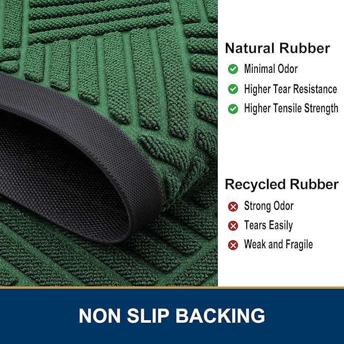 Smiry Front Door Mat Outside Entrance, Heavy Duty Outdoor Indoor Natural Rubber Doormat, Non Slip, Trap Dirt and Moisture, Easy Clean, Low Profile Patio Porch Entryway Mat, 71x47, Green