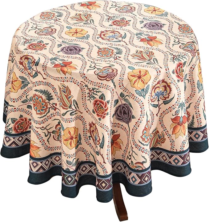 Vintage French Round Tablecloth,Linen Extra Long Tablecloth with Rose and Cornflower Pattern,Decorative Table Cover for Kitchen,Dining,Thanksgiving,Party,Diameter 67"-Lanae