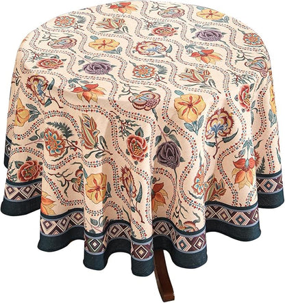 Vintage French Round Tablecloth,Linen Extra Long Tablecloth with Rose and Cornflower Pattern,Decorative Table Cover for Kitchen,Dining,Thanksgiving,Party,Diameter 67"-Lanae