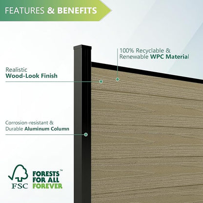 Mondaria Fence Privacy Screen with 8ft In-ground Posts, 6ft(H) x30ft(W) Wood Plastic Composite Fence Panels Weather-Resistant Outdoor Fence for Backyard/Garden (Ancient Wood, 6 Posts)