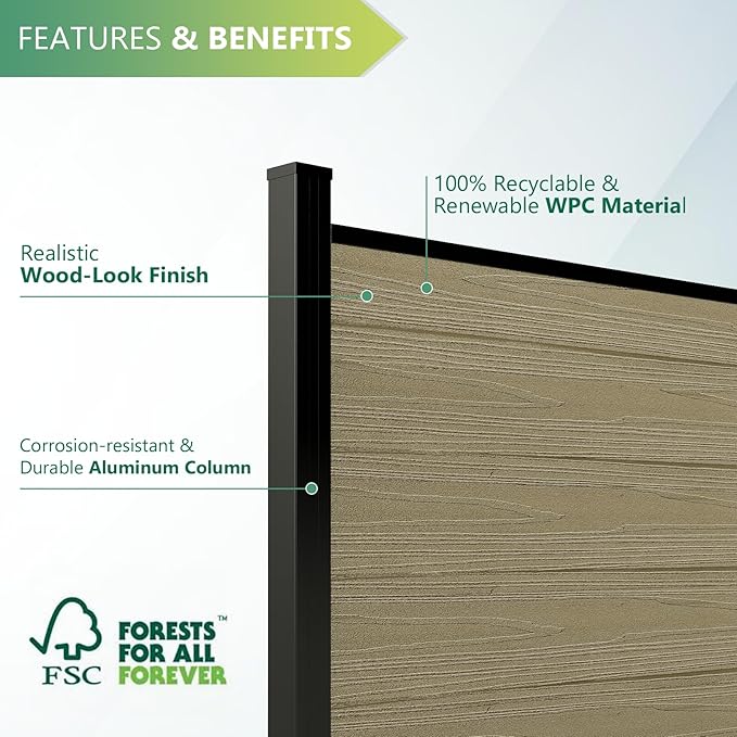 Mondaria Fence Privacy Screen with 8ft In-ground Posts, 6ft(H) x36ft(W) Wood Plastic Composite Fence Panels Weather-Resistant Outdoor Fence for Backyard/Garden (Ancient Wood, 7 Posts)