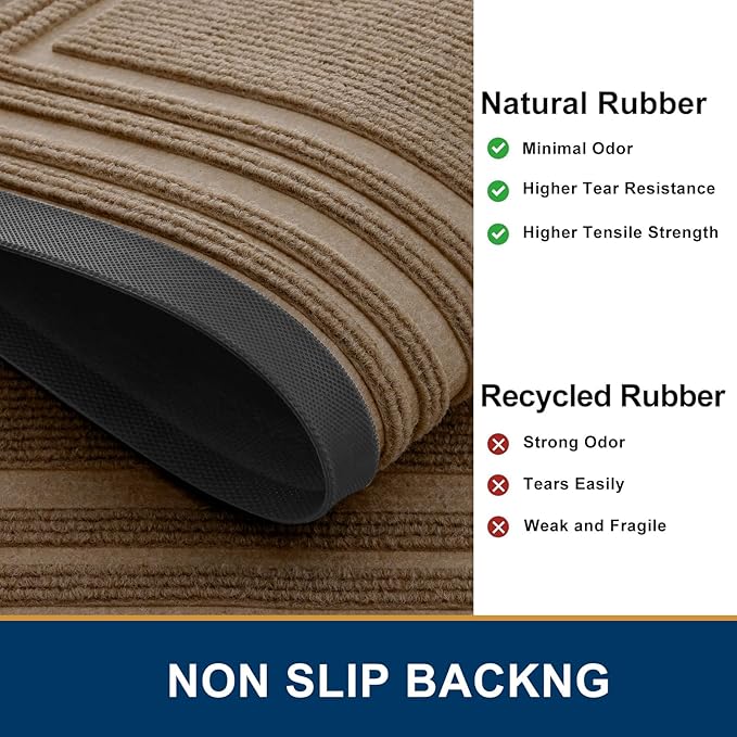 Buganda Front Door Mat Indoor Outdoor Entrance, Non-Slip Natural Rubber Doormats, Easy Clean, Low Profile, Dirt Trapper Entryway Floor Mats for Outside, Garages and Patios, 29.5x17, Light Brown