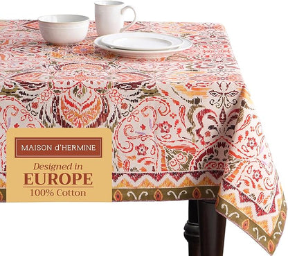Maison d' Hermine Table Cloth Rectangle Table 100% Cotton 70 x 140 Inches Fall Tablecloth Reusable Everyday Use for Thanksgiving Christmas Decorations Dining Farmhouse Party (Damask)