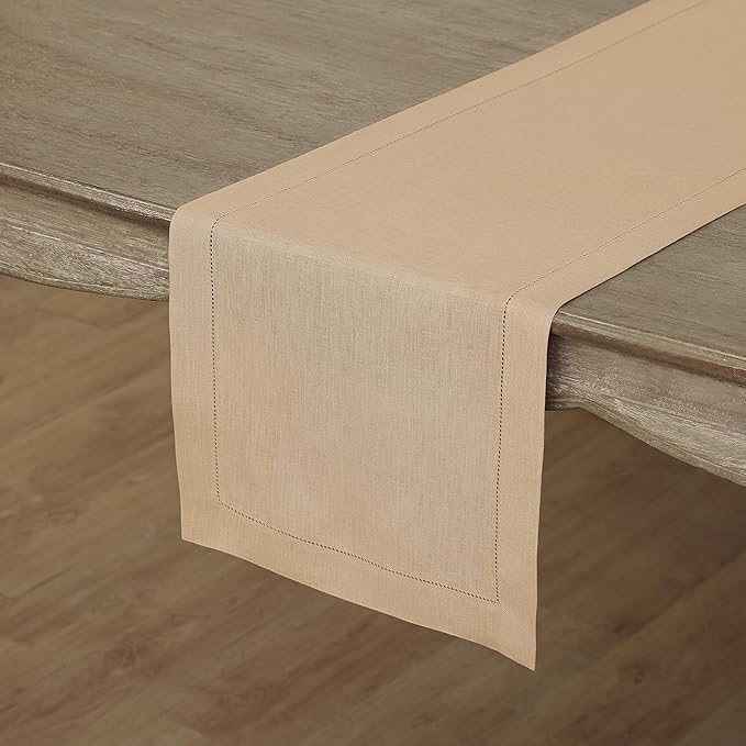 Solino Home Linen Table Runner 36 Inches - 100% Pure Linen Beige Hemstitch Table Runner 14 x 36 Inch Ideal for Dresser and Coffee Tables - Spring, Easter - Classic Hemstitch