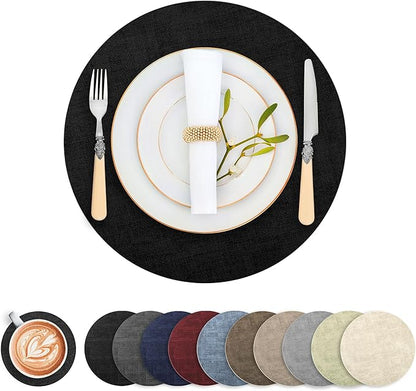 Round Faux Leather Placemats and Coasters, Set of 8, Reversible Heat Resistant Non-Slip Table Mats, Waterproof Wipeable Place Mats for Dining Table, Washable for Indoor & Outdoor (8, Black)