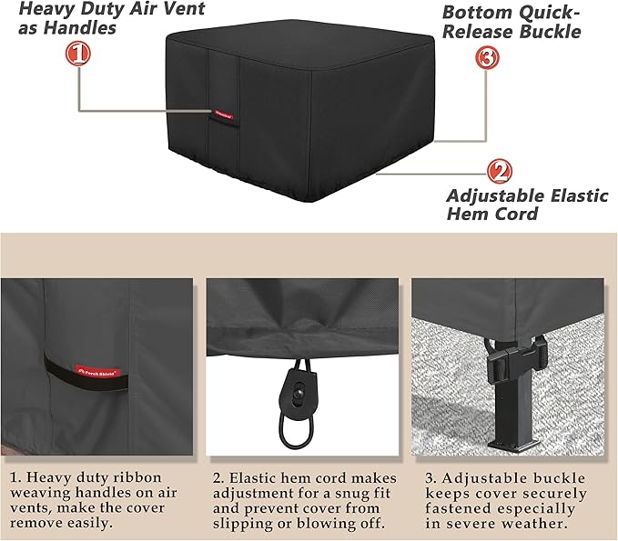 Porch Shield Fire Pit Cover - Waterproof 600D Heavy Duty Fade Resistant Square Patio Fire Pit Table Cover Black - 50 x 50 inch