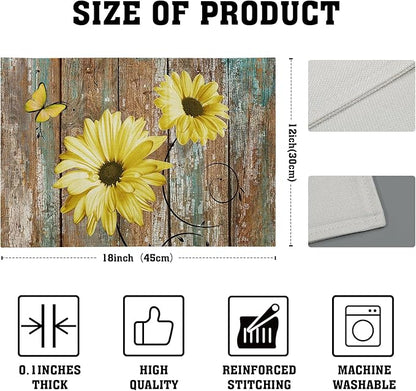 Giwawa Rustic Daisy Placemats Set of 4- Yellow Sunflowers Vintage Wood Board Linen Place Mat- Farmhouse Wooden Floral Non Slip Heat Resistant Table Mats for Kitchen Dining Cabin Lodge Decor