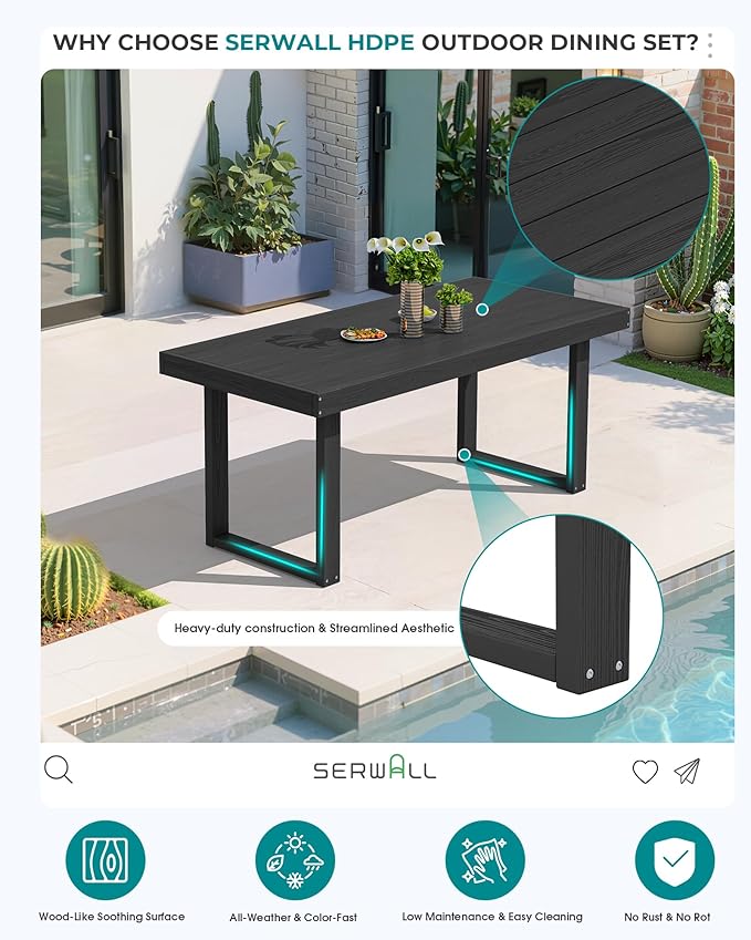 SERWALL HDPE Outdoor Dining Set for 6, 67'' All Weather Patio Dining Table and Chairs Set for Deck, Lawn, Black